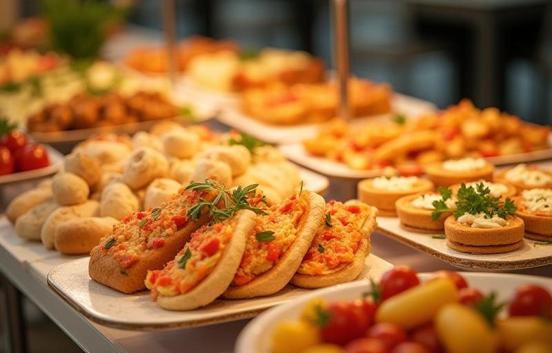 Beautifully arranged catering spread featuring a variety of panini, focaccia slices, and small Italian appetizers.